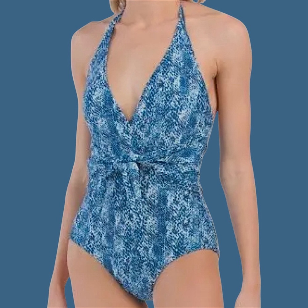 LAST CHANCE!!! ✅ 2 FOR $20!!! NWT Jones NY Blue Mood Snakeskin Halter Tie One - Picture 1 of 15